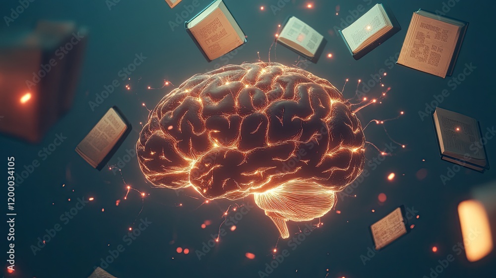 Poster illuminated brain absorbing knowledge from books