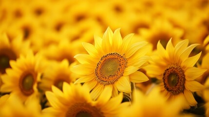 Obraz premium A vibrant field of sunflowers blooms, showcasing bright yellow petals and rich green centers, creating a stunning natural landscape.