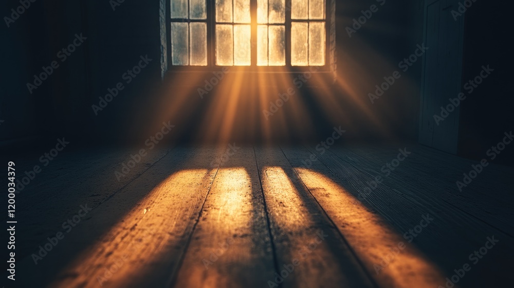 Poster sunlight streams through a window onto a wooden floor