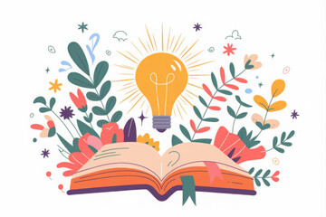 A watercolor clipart of an open book on a white background with a glowing light bulb above it, surrounded by cute and colorful elements like flowers, stars, and leaves 