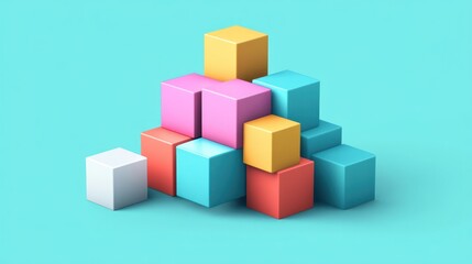 Colorful blocks forming an abstract structure on a blue background.