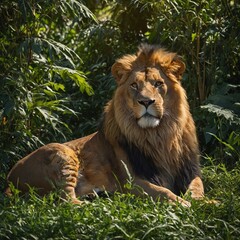 Obraz premium a mature male lion in the wild A lion resting on a green hill under the shade of a blooming acacia tree Young male Lion standing in the high grass..