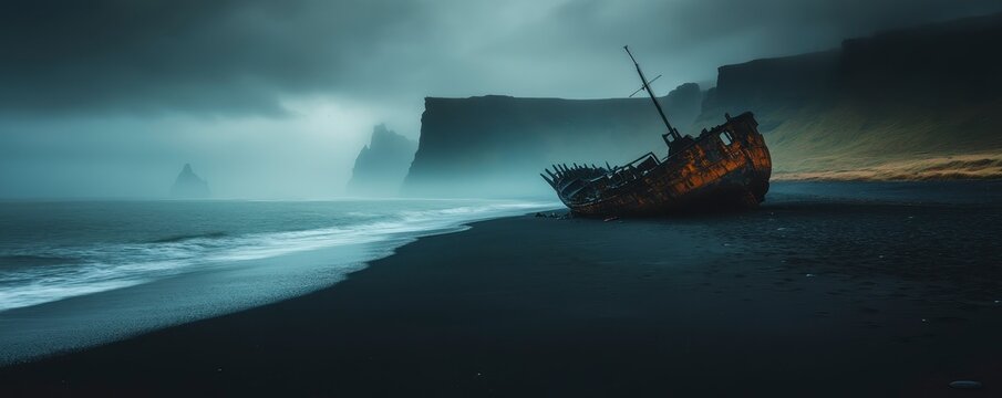 A desolate beach scene features a weathered shipwreck on black sand, surrounded by dramatic cliffs and misty, moody skies.