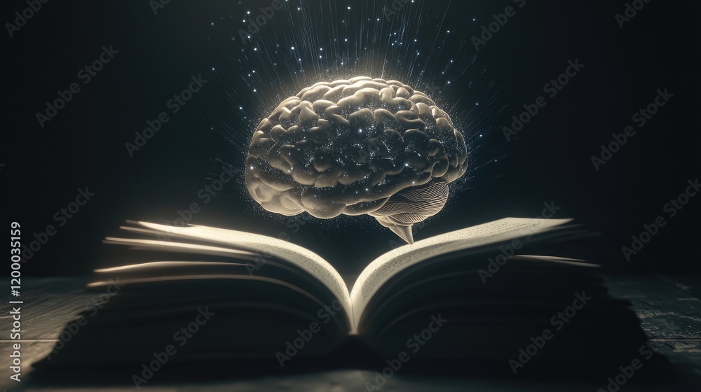 Poster Illuminated Brain Above Open Book Represents Knowledge And Learning