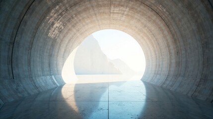A Serene Passageway Through a Circular Concrete Tunnel Offering a Breathtaking View of a Misty Mountain Landscape