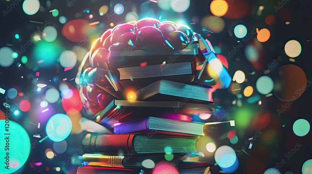 Poster a brain supported by a stack of books illuminates knowledge