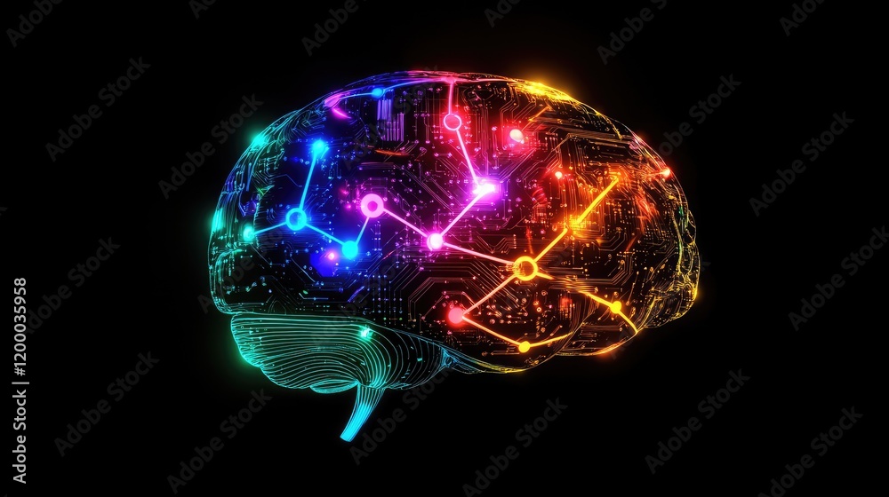 Poster a digital brain illuminated with rainbow circuitry