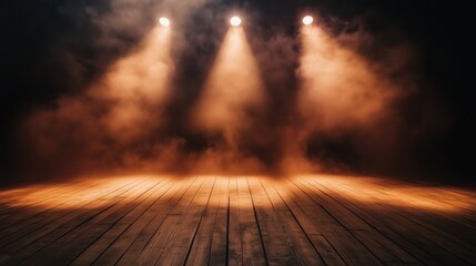 Swirling fog sets the mood as spotlights shine down on the wooden stage, casting sharp, dramatic contrasts in the light-filled haze.