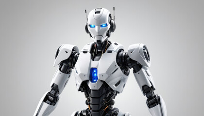 Mid Shot of a Modern White Robot with Blue Eyes Against a Clean White Background for Corporate Ads
