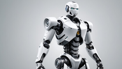 Fototapeta premium Mid Shot of a Modern White Robot with Blue Eyes Against a Clean White Background for Corporate Ads