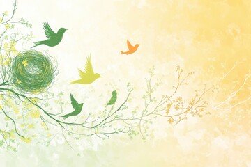 Obraz premium Colorful birds flying around a nest in a vibrant spring landscape with blossoms in the background. Generative AI