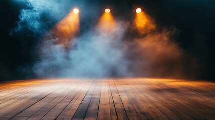 Swirling fog sets the mood as spotlights shine down on the wooden stage, casting sharp, dramatic contrasts in the light-filled haze.