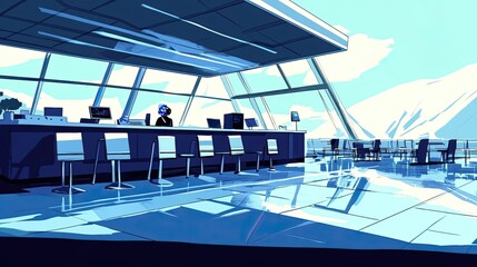 Modern Cafe With Mountain View And Person At Counter