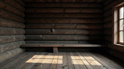 Rustic Cabin Interior Sunlit Wooden Floor and Log Walls with Simple Bench