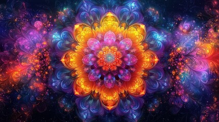 A vibrant, intricate fractal flower design in vivid colors and patterns.