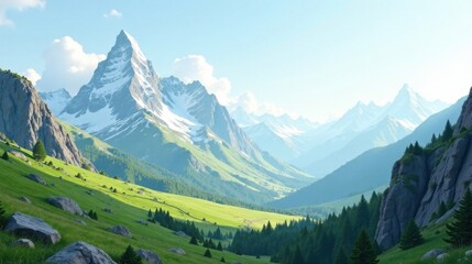 Fototapeta premium Serene Mountain Valley Landscape Majestic Peaks, Lush Meadows, and Verdant Forests Under a Bright Sky
