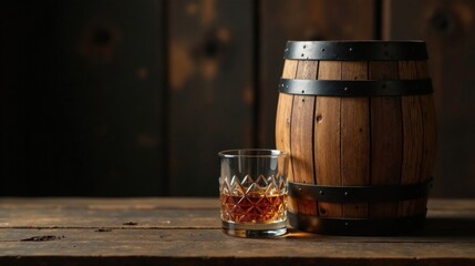 A glass of amber liquid rests on a rustic wooden surface beside a small wooden barrel, suggesting a scene of aged spirits and traditional craftsmanship.