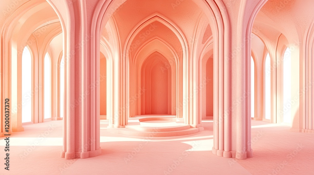 Poster elegant pink architectural hallway with columns and platform