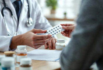  At the doctor's appointment - doctor gives pills to the patient.