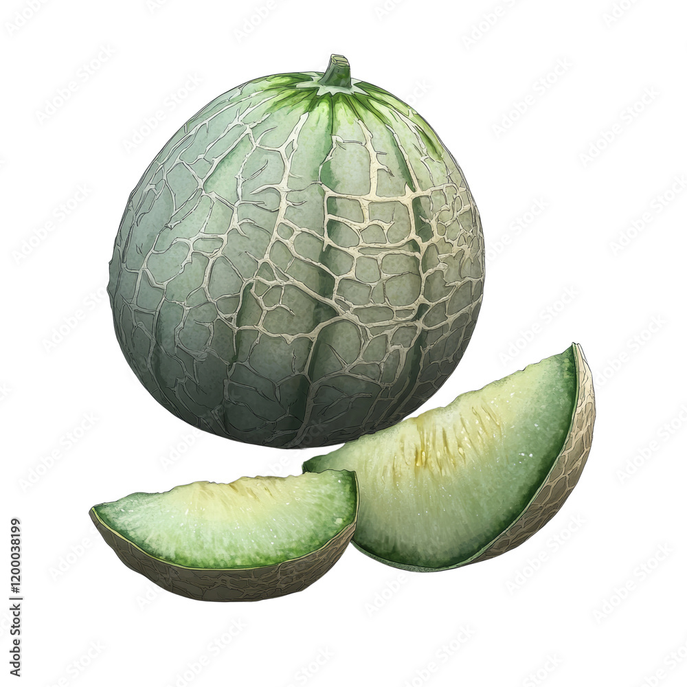Aufkleber a whole cantaloupe and two of its slices are shown against a white background.
