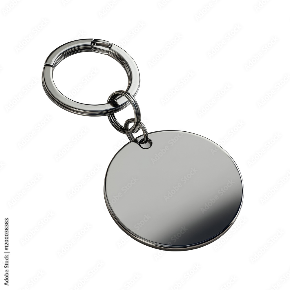 Poster a metallic keychain with a blank circular tag, perfect for branding or personalization.