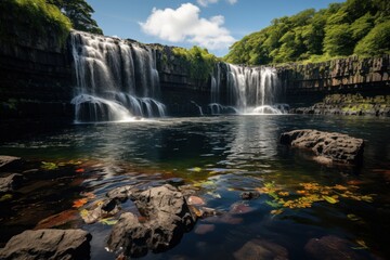 Naklejka premium A peaceful waterfall flows into a clear pool, embraced by vibrant green foliage under sunny skies
