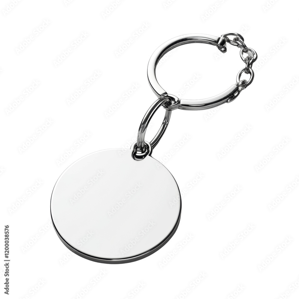 Poster a silver metal round keychain with a blank surface and a attached chain is shown against a white bac