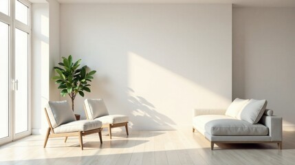 Fototapeta premium Serene Minimalist Living Room Interior Design Featuring Light-Colored Upholstery and Natural Wood Accents, Bathed in Soft Sunlight