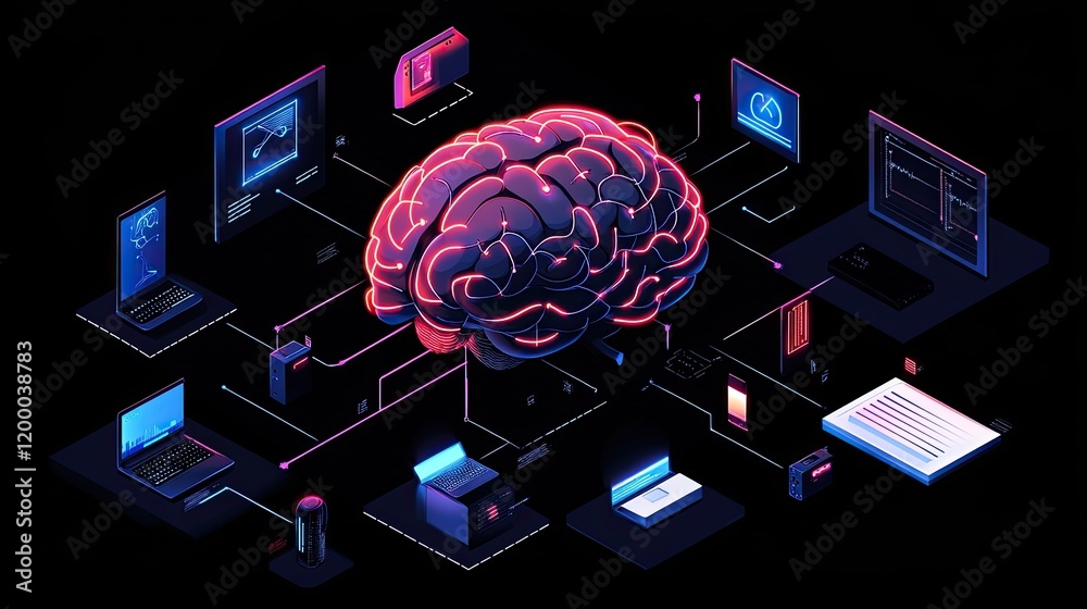 Poster Neural Network Brain Connected To Digital Devices