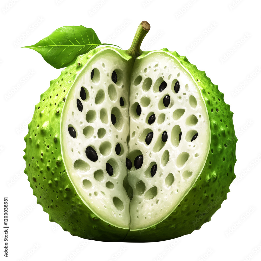 Aufkleber a digitally rendered image shows a cherimoya cut in half displaying its pale green flesh and numerou