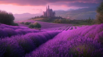 Majestic Castle Amidst Lavender Fields at Sunset