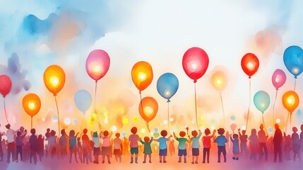 A vibrant crowd of people joyfully holding colorful balloons against a dreamy pastel sky, celebrating together in a festive atmosphere.