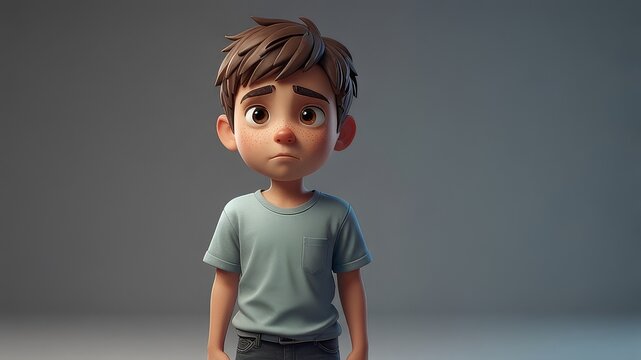 A 3d cartoon lazy boy lookind sad and nervious