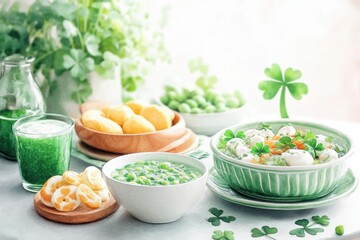 A vibrant table spread featuring green foods, including soups, drinks, and garnishes, perfect for celebrating St. Patrick's Day or a fresh spring meal.