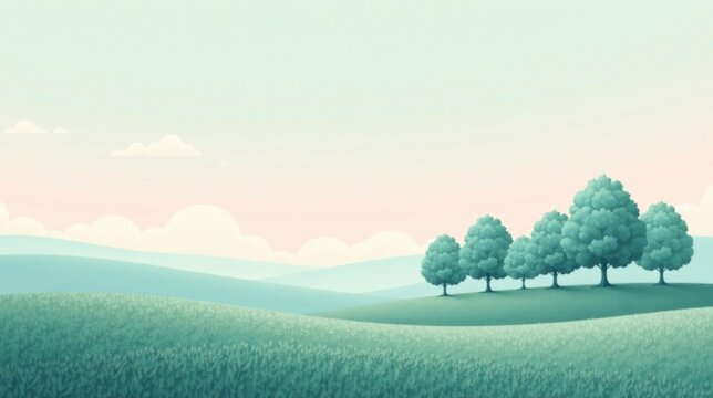 Serene Meadow Landscape Rolling Hills, Soft Clouds, and a Row of Lush Trees Under a Pastel Sky