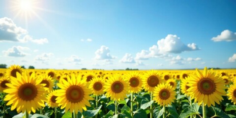 Fototapeta premium Vibrant Yellow Sunflowers Basking in Summer's Golden Sunlight, a Serene Field Extending to a Bright Horizon
