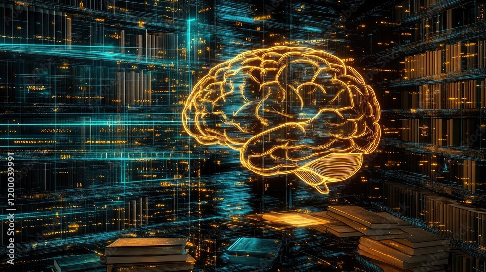 Poster illuminated brain above digital library stacks of books