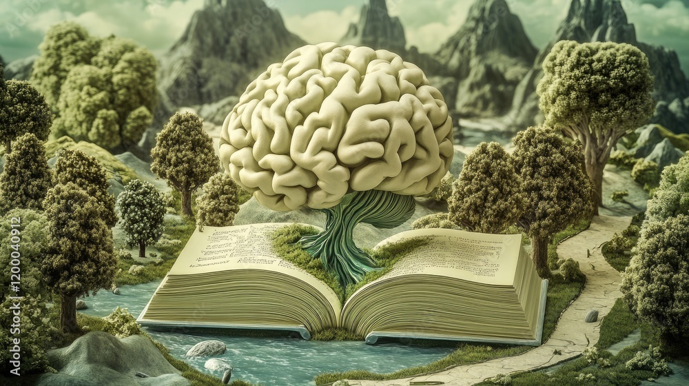 Poster A Brain Tree Grows From An Open Book In A Scenic Landscape