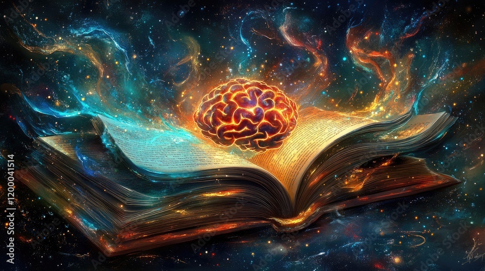 Poster glowing brain emerging from cosmic book of knowledge