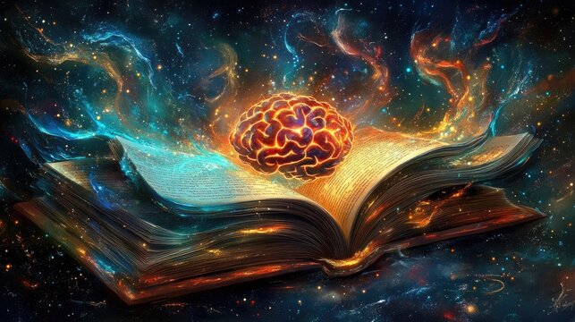 Glowing Brain Emerging From Cosmic Book Of Knowledge