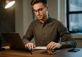 Obraz premium Focused Young Man Working Late at Desk