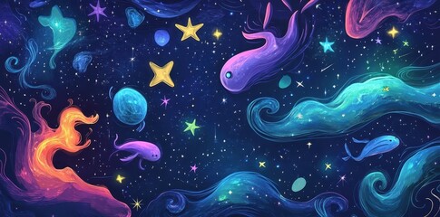 Cosmic Whales Swim Through Starry Nebulae