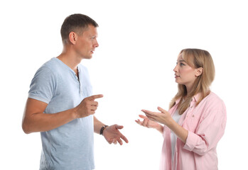 Man and woman talking on white background