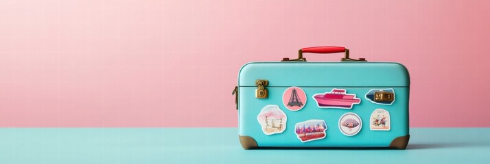 Retro suitcase adorned with travel stickers evokes nostalgia for adventure and exploration in a colorful setting. Generative AI
