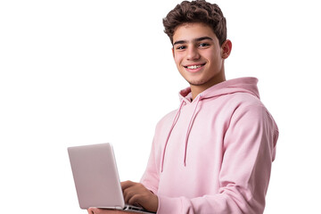 Cheerful young man in a pink hoodie, using a laptop with focus, against a transparent white background.

