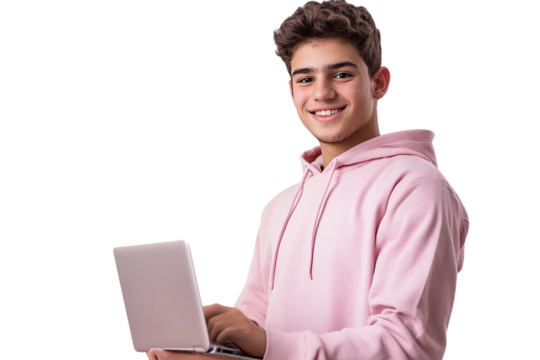 Cheerful young man in a pink hoodie, using a laptop with focus, against a transparent white background.

