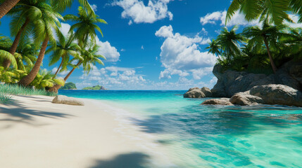 Fototapeta premium Idyllic tropical shore with soft white sand, clear turquoise waves, and vibrant palms
