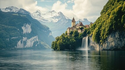Fototapeta premium Majestic Castle Perched on Cliffside Waterfall Mountain Lake