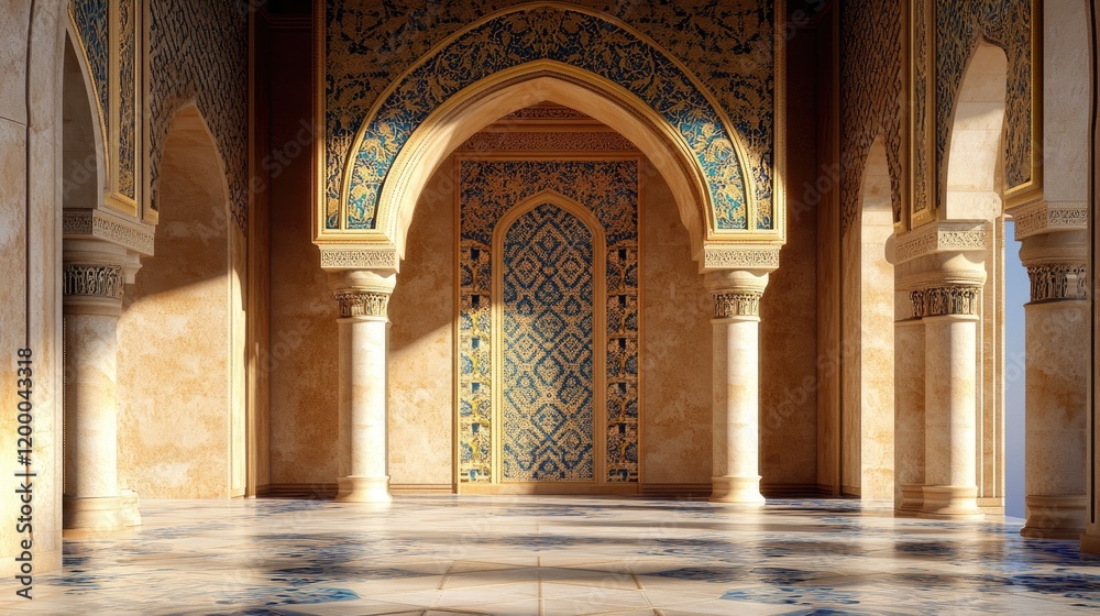 Poster sunlit arabesque hallway with intricate columns and arches