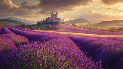 Fototapeta premium Majestic Castle Amidst a Lavender Field at Sunset